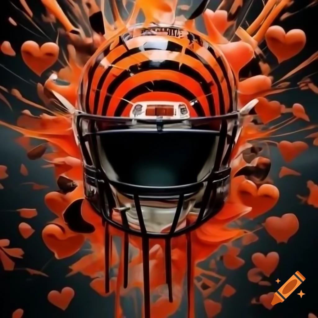 Psychedelic orange and black paint swirl exploding from Bengals football helmet with heart shapes