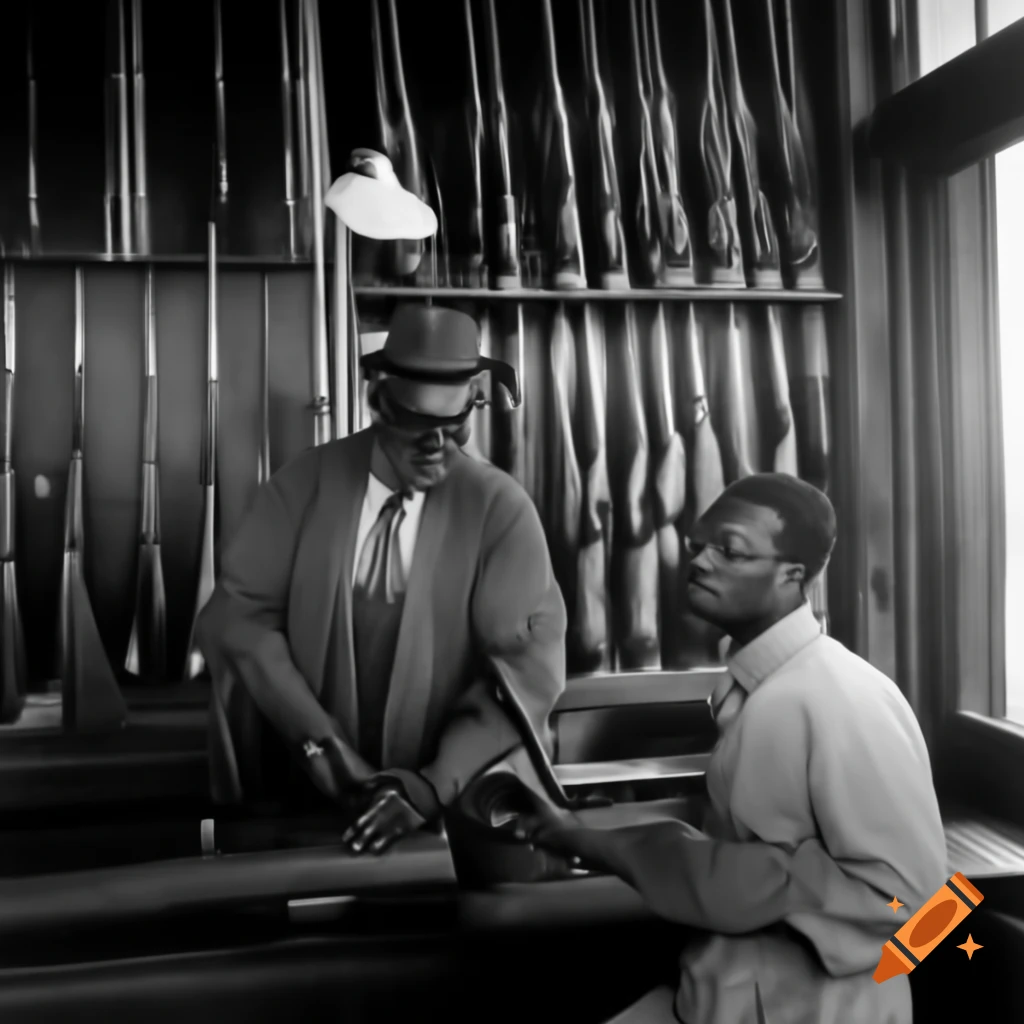 Historical scene of a black man purchasing bolt-action rifles from a bearded man in a lobster shop