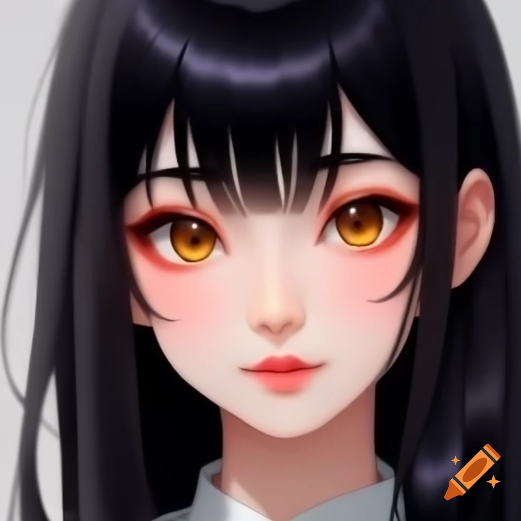 Anime style Japanese female character with long black hair and amber eyes