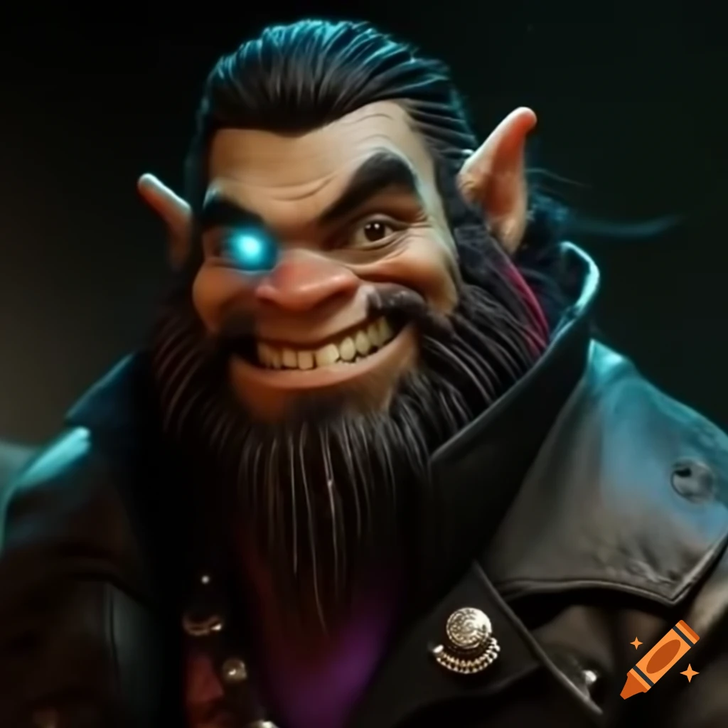 Smiling cyberpunk dwarf with black hair and glowing red eye in ...
