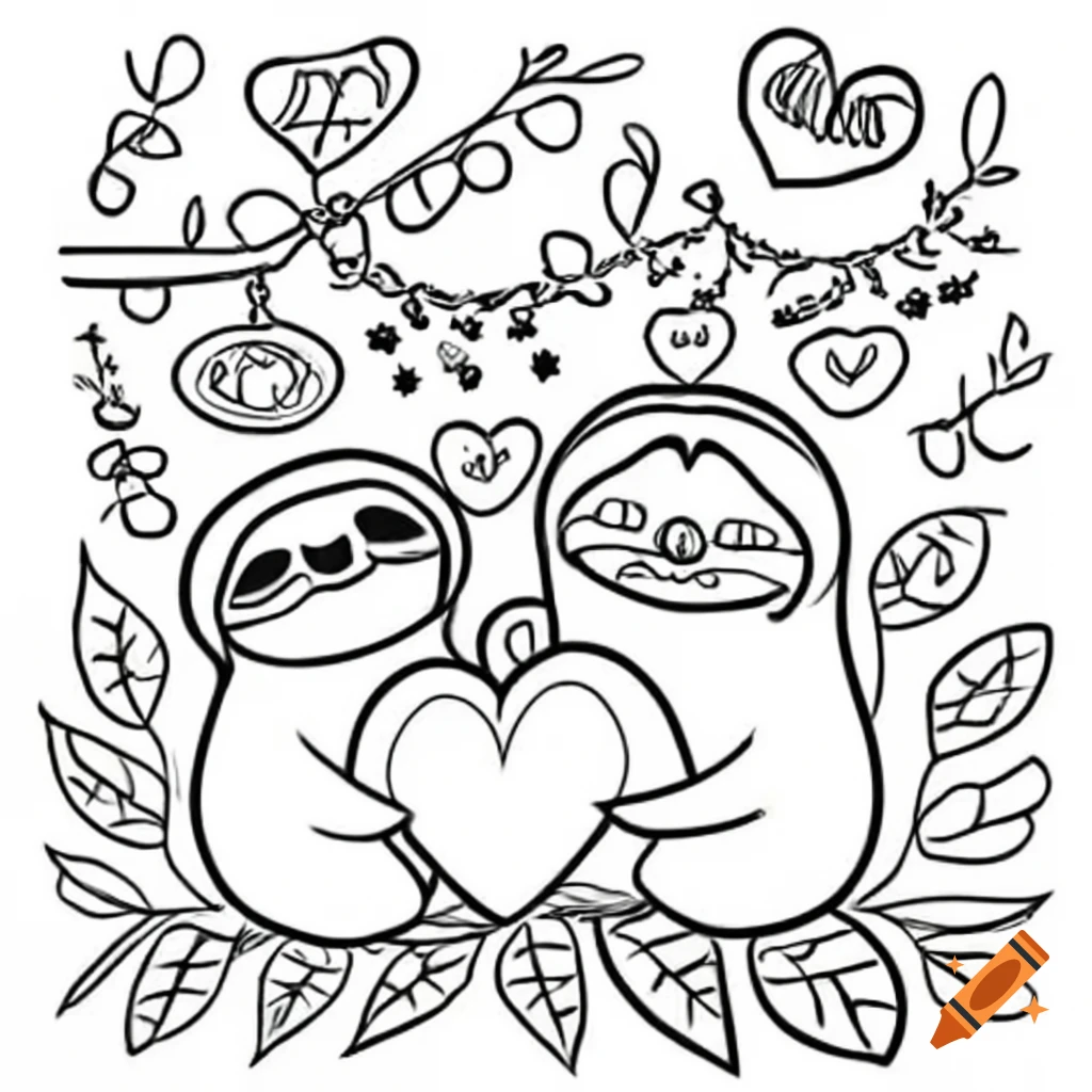 Coloring book illustration of Valentine's Day sloths