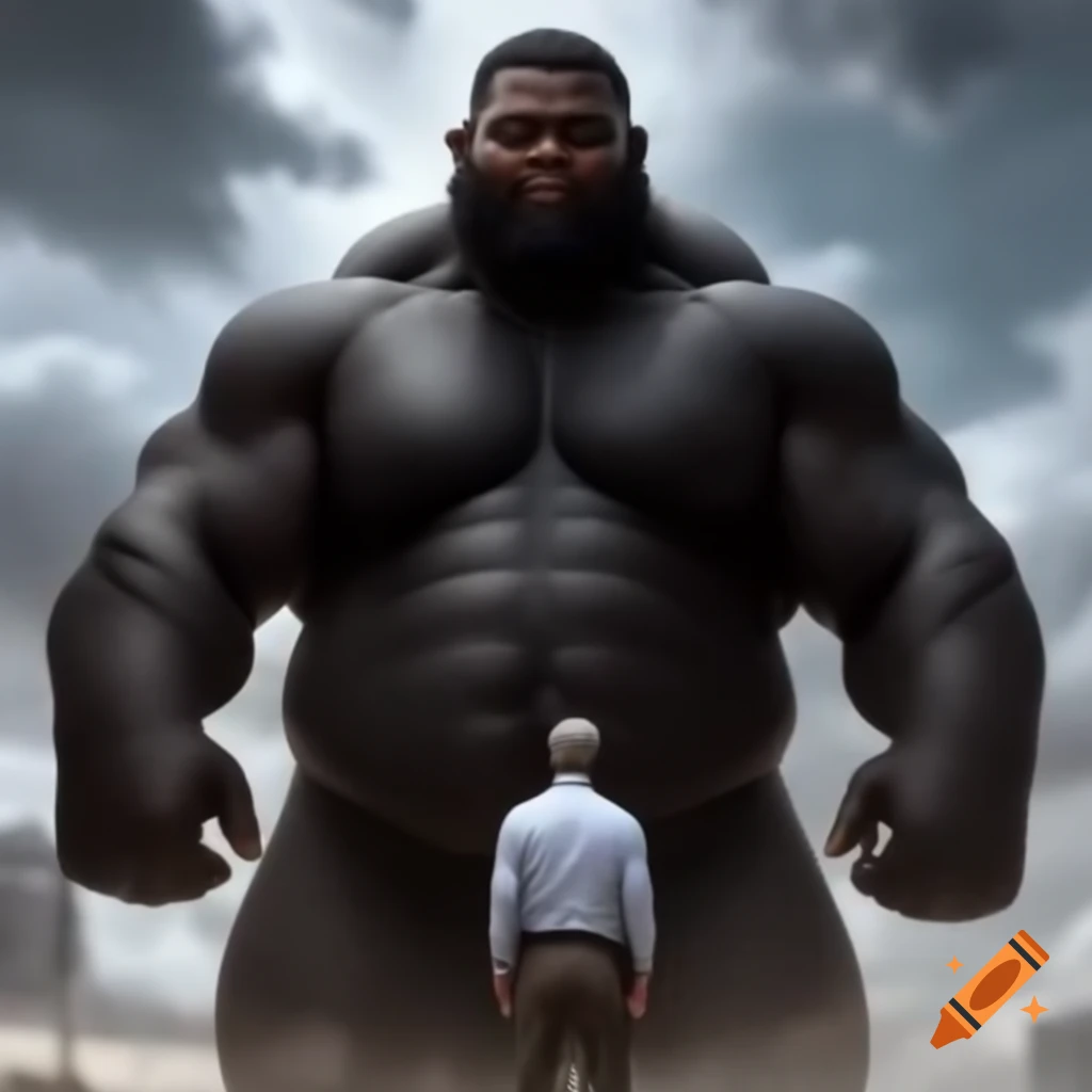 Big black man standing over skinny white man, contrasting physiques