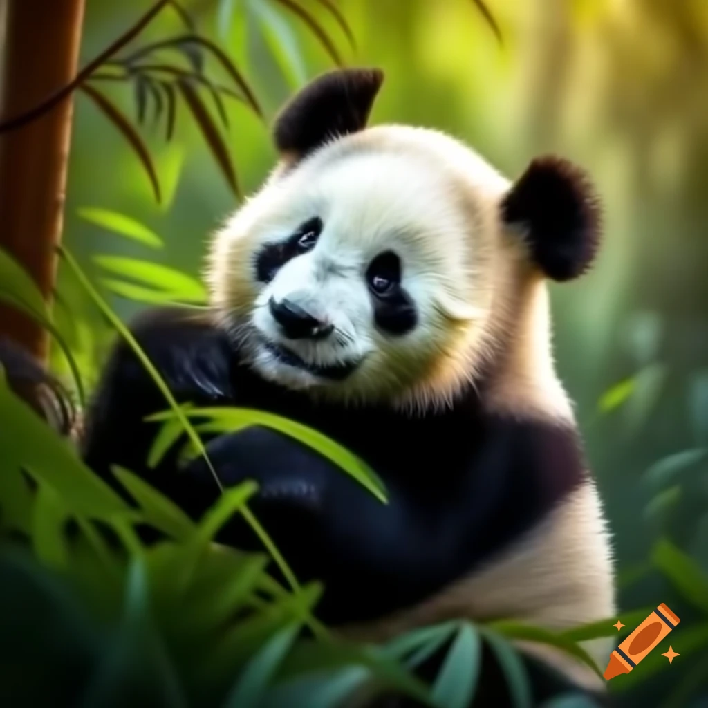 Cuddly panda walking in bamboo forest with sunlight filtering through leaves