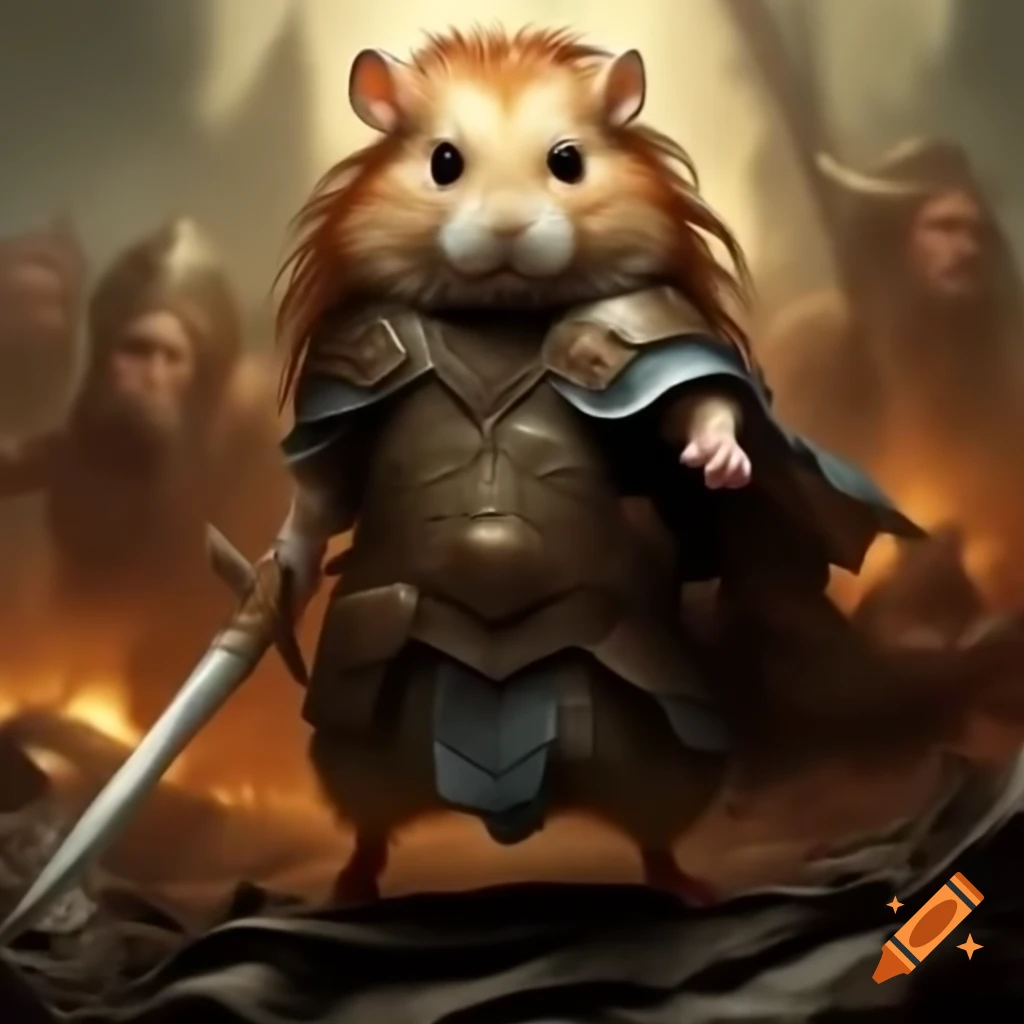 Regal warrior hamster with swords on battlefield, showcasing bravery