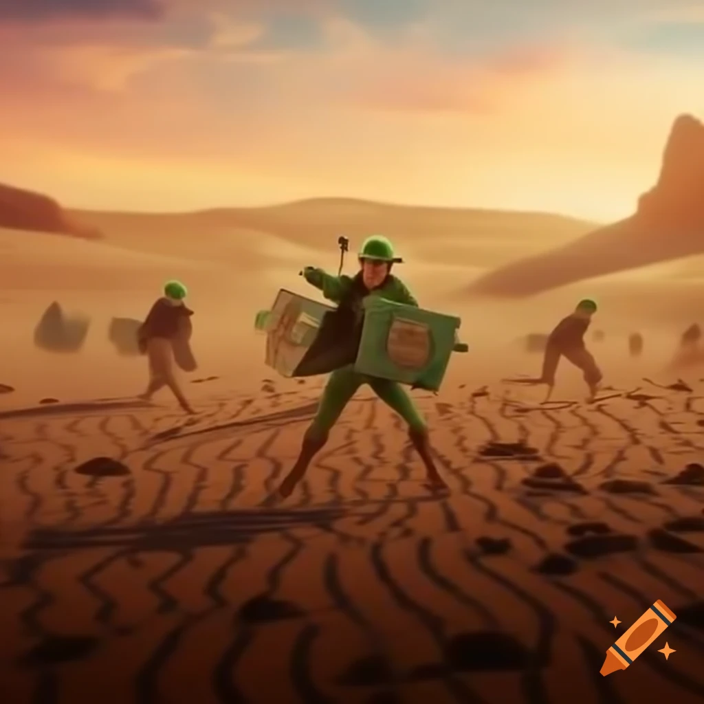 Cinematic battle at sunset between leprechauns and iPad kids on desert plain