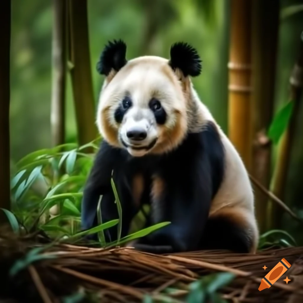 Friendly panda among bamboo in forest