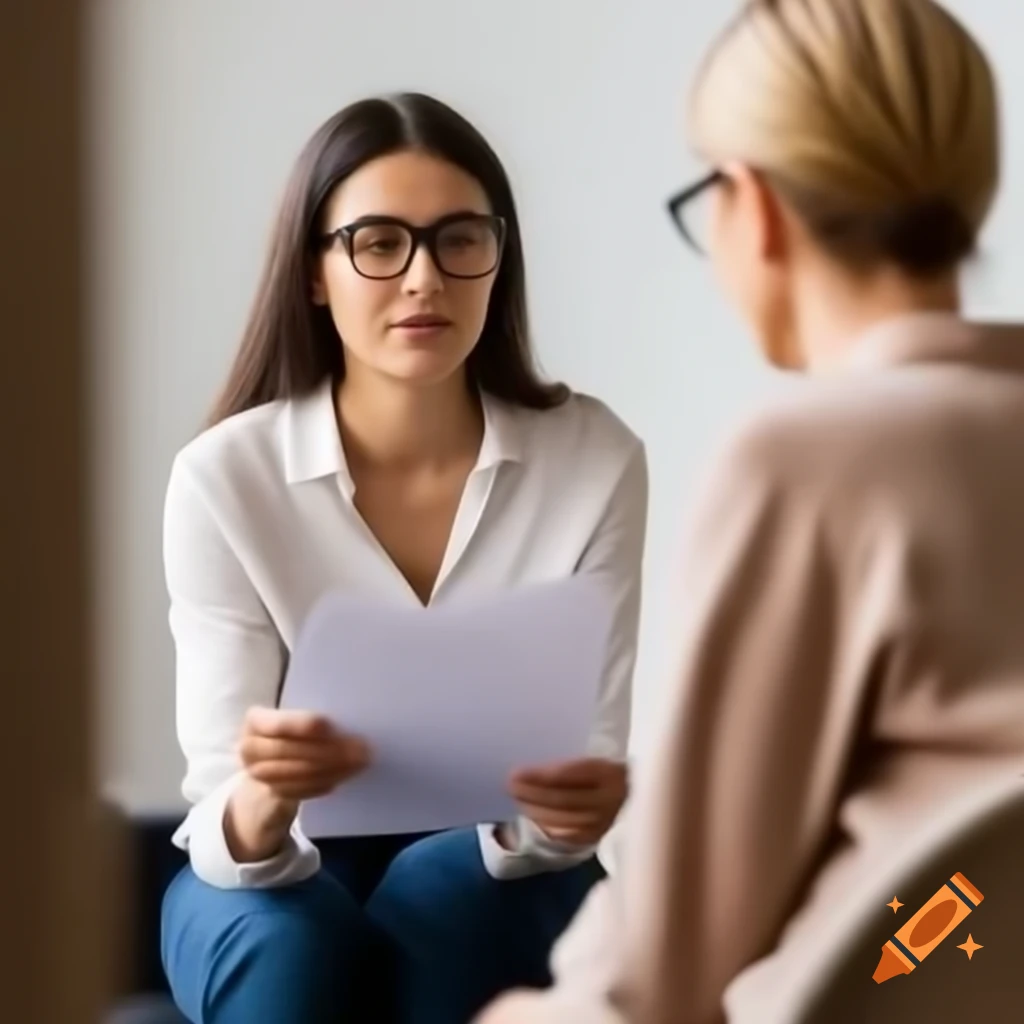 Psychologist listening to patient, holding clipboard and wearing glasses