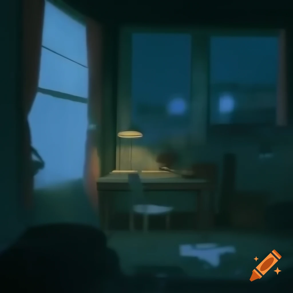 Cozy dimly lit room with vintage decor and rainy street view