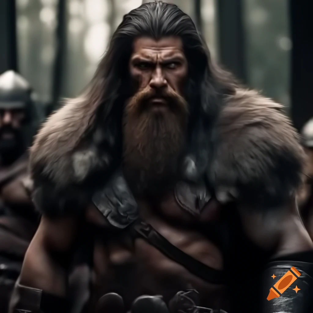 Two muscular barbarians in a forest, one with dark beard and hooded fur ...
