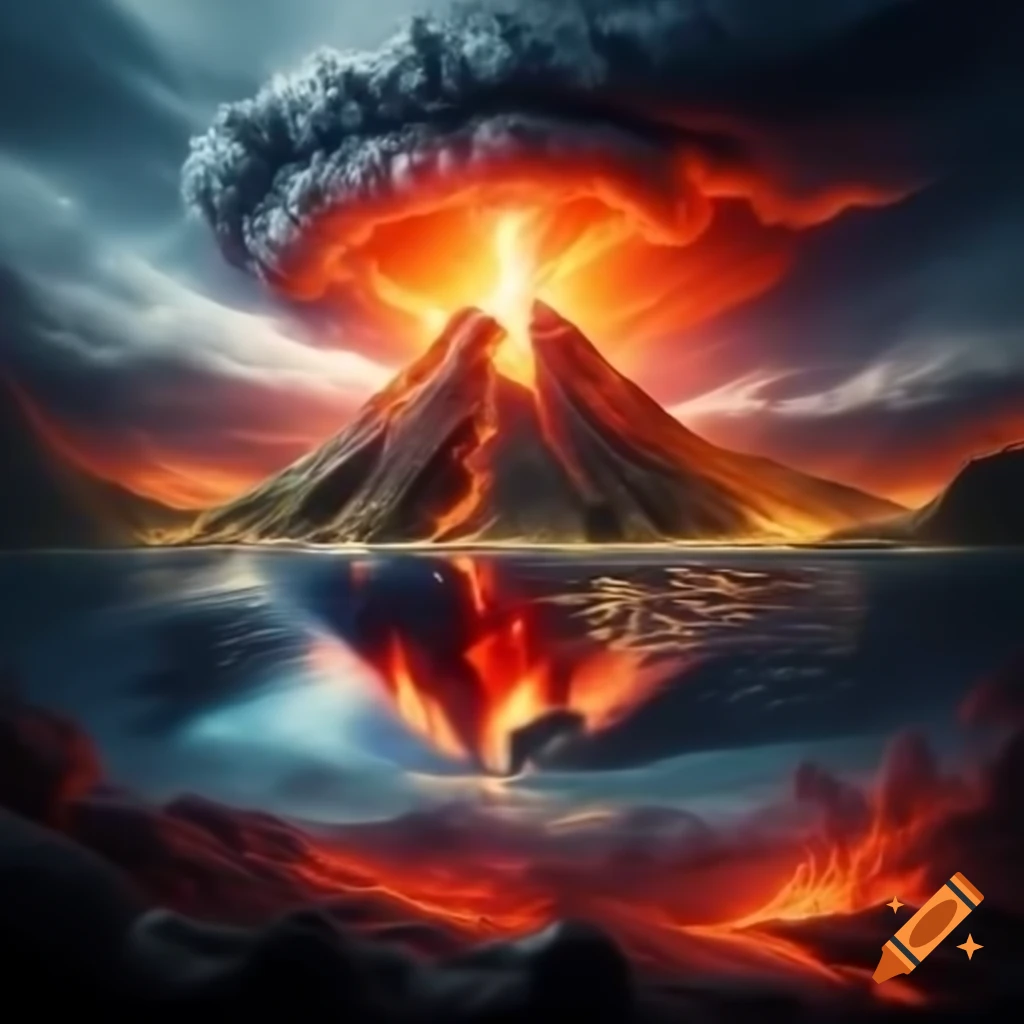 Lava flowing from a volcano during a hurricane