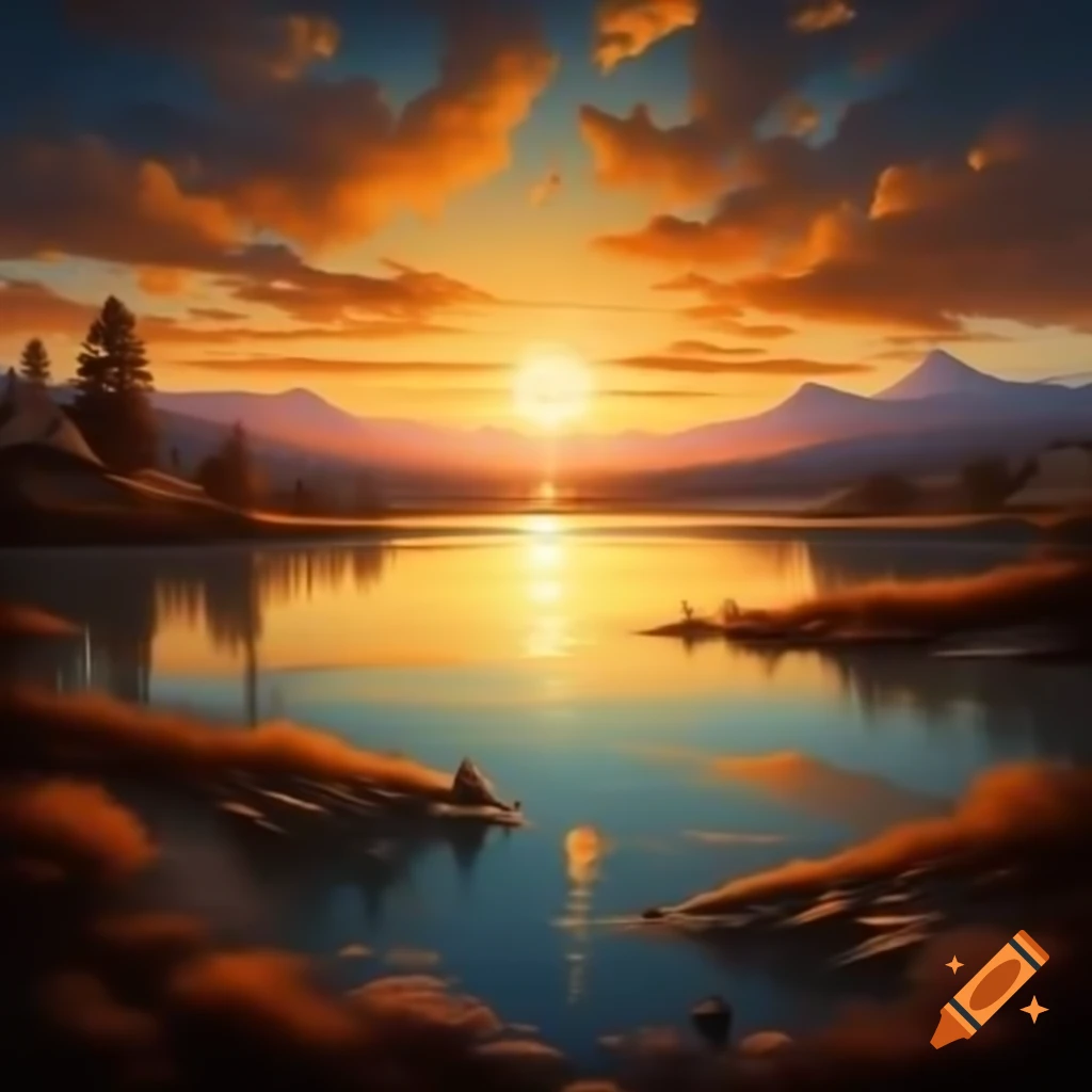 Tranquil lagoon at sunset with golden reflections and village backdrop