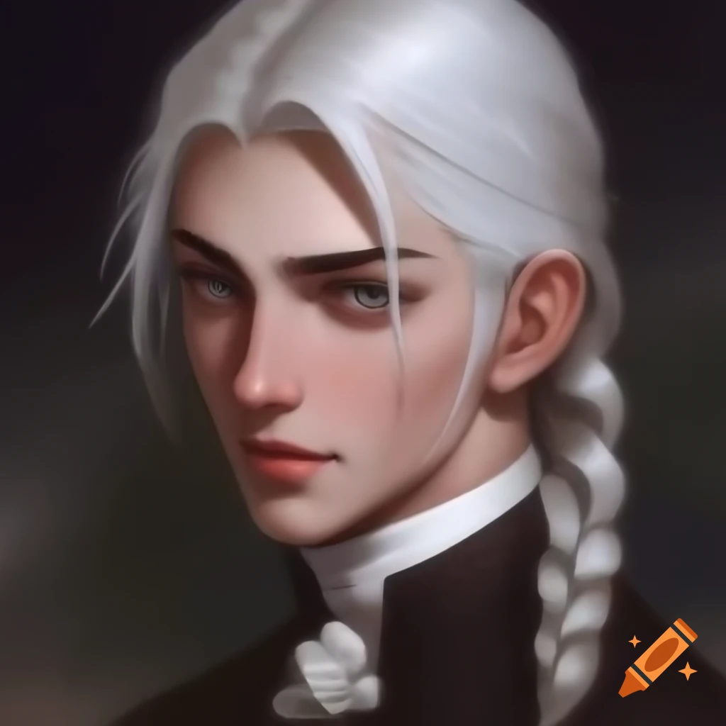 Young man with long white hair and unique facial features on Craiyon