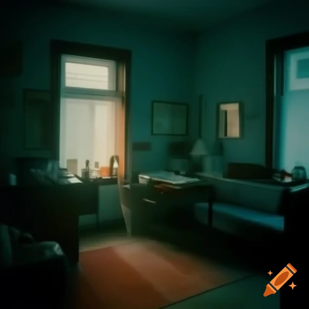Cozy dimly lit room with vintage decor and rainy street view at night