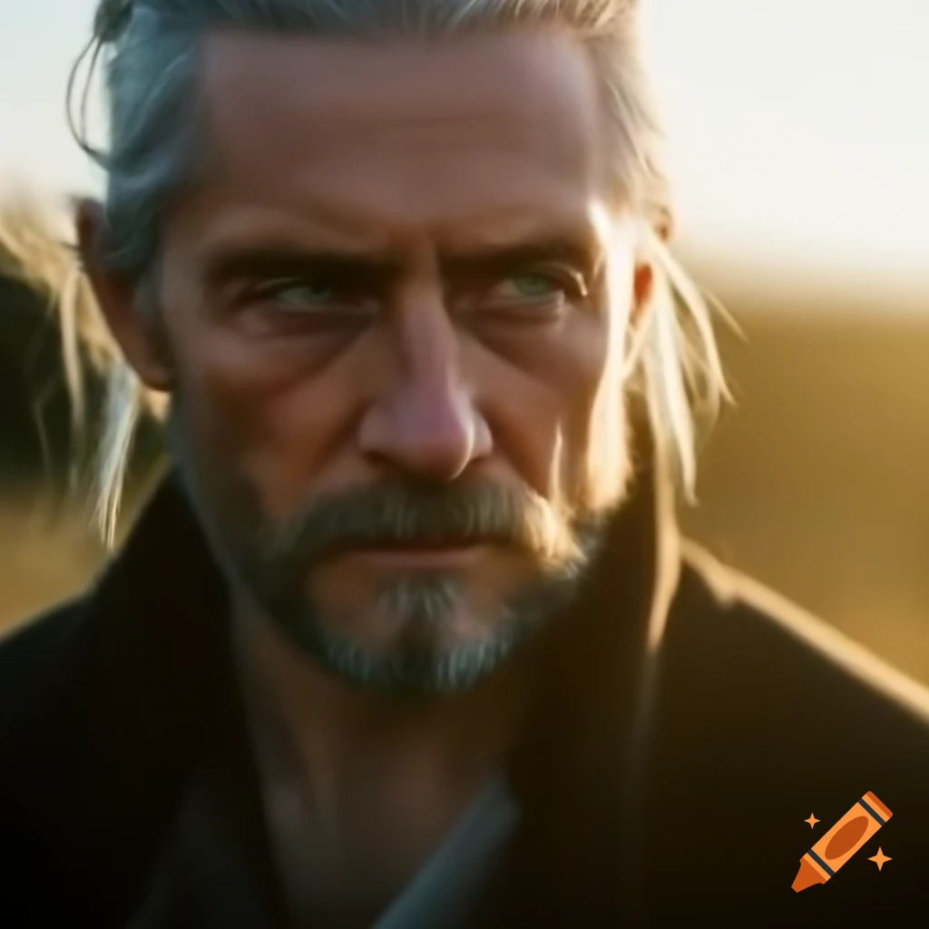Serene Scottish man with silver hair and green eyes, gazing thoughtfully