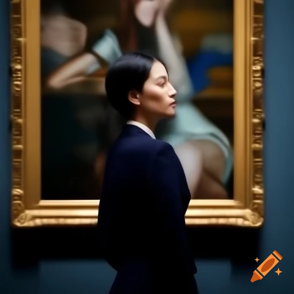 Woman studying painting in art gallery, focused on textures and colors