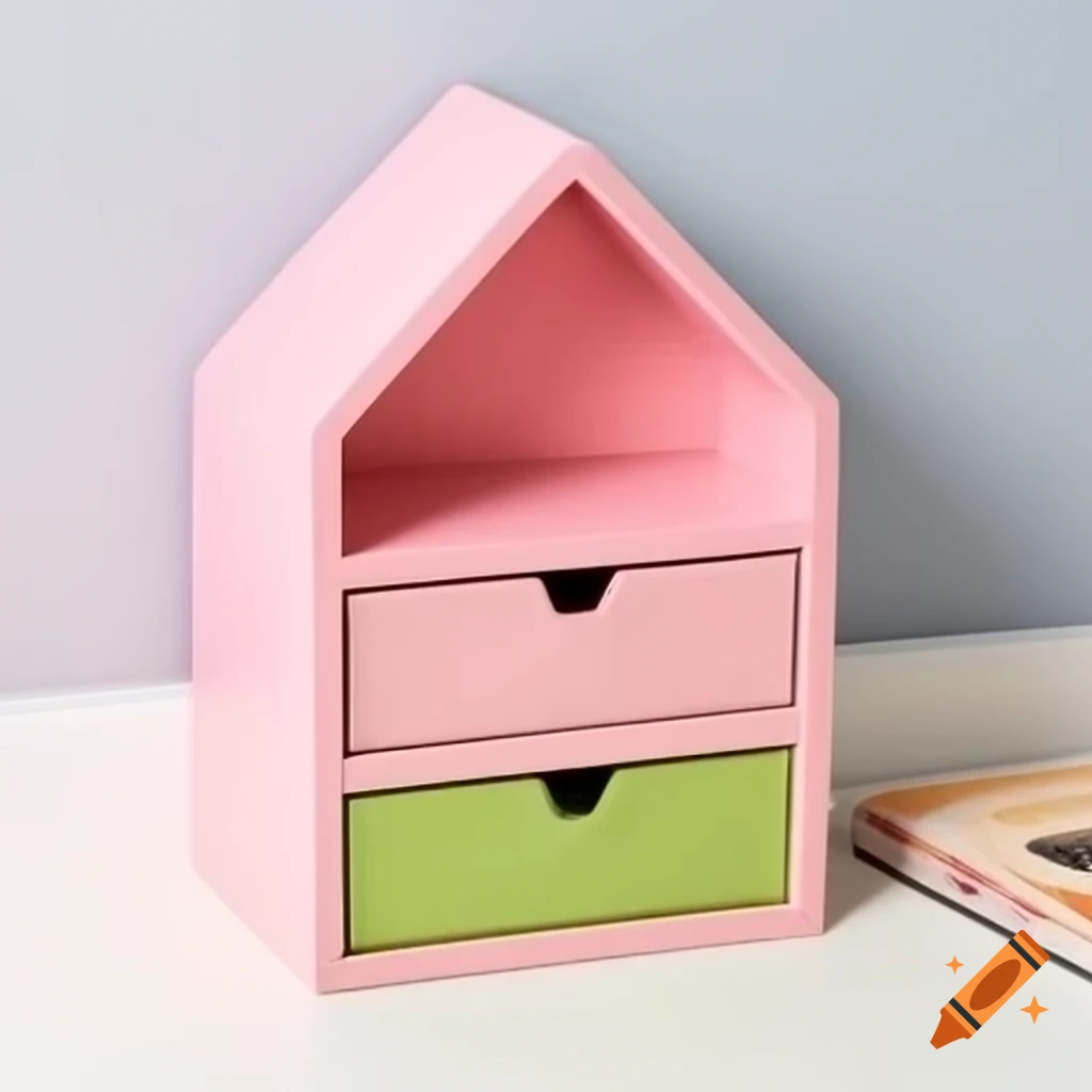 Pink house-shaped organizer with four stacked drawers