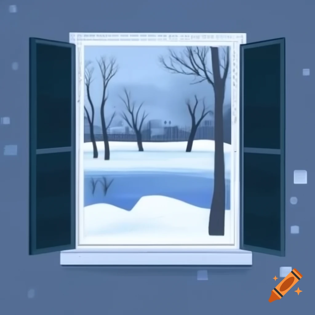 Snowy landscape with frozen lake, trees, and snowfall viewed from a window
