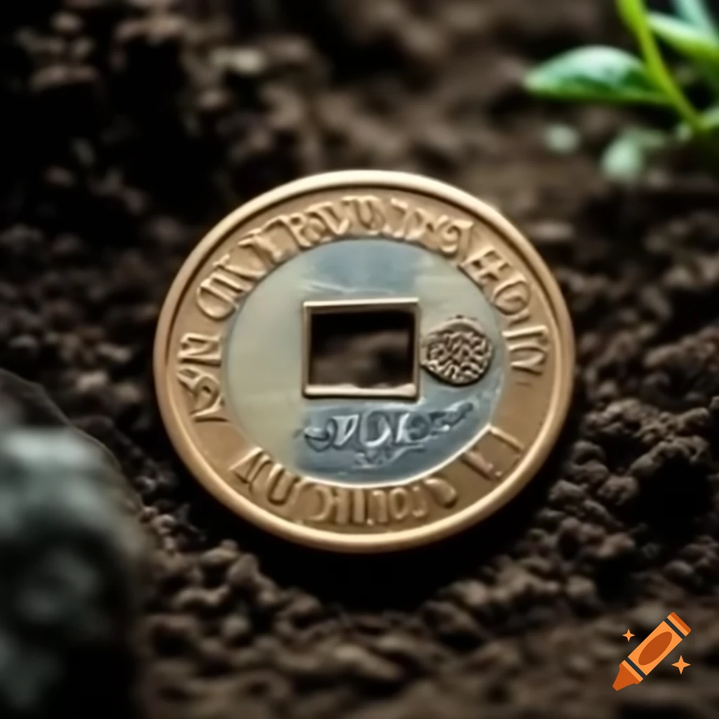 Japanese style coin partially buried in dirt