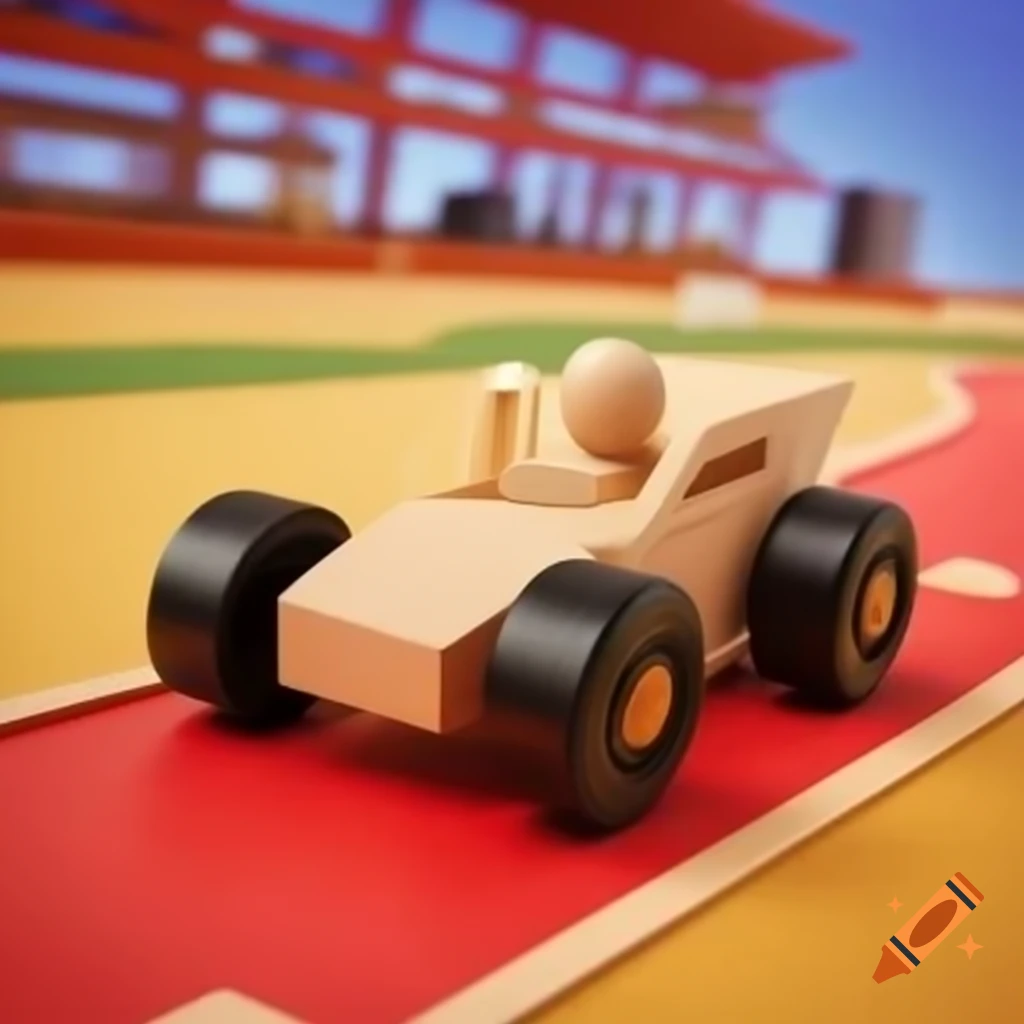 Pinewood derby car racing on the track