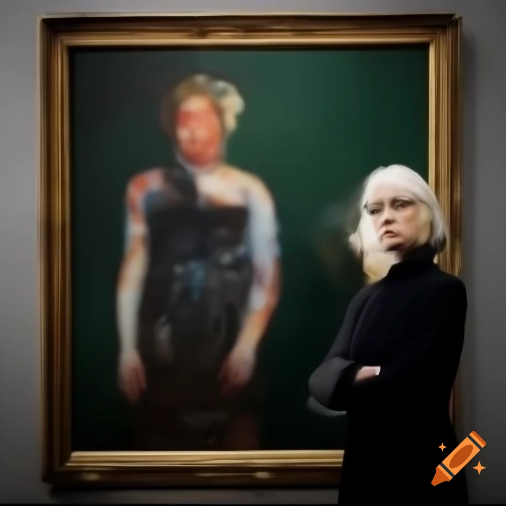 Woman studying painting in art gallery, focused on textures and colors