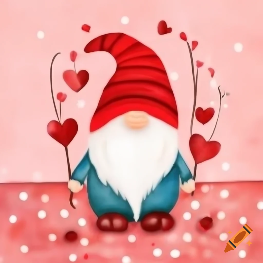 Acrylic painting featuring a gnome for Valentine's Day