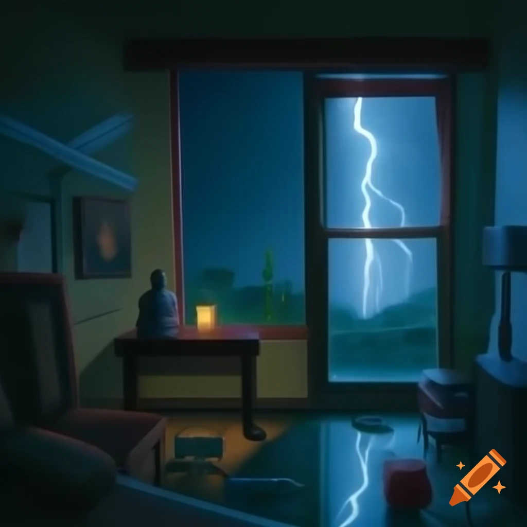 Cozy dimly lit room with vintage decor and rainy street view at night
