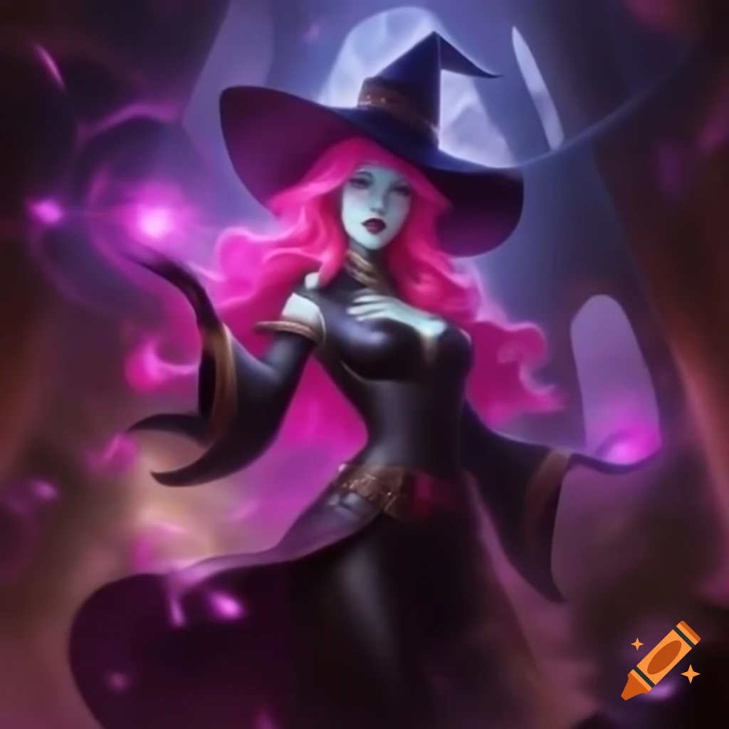 Witch with pink and black hair casting a spell in a castle with magical effects