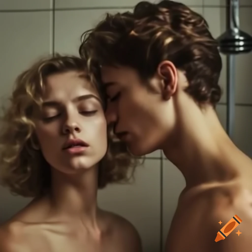 Young couple hugging under shower with somber expressions