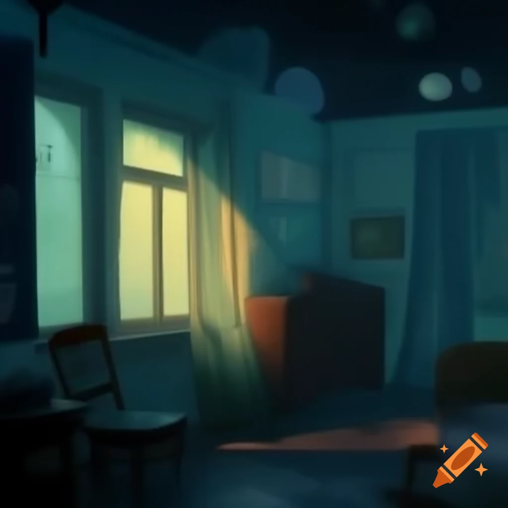 Cozy dimly lit room with vintage decor and rainy street view at night