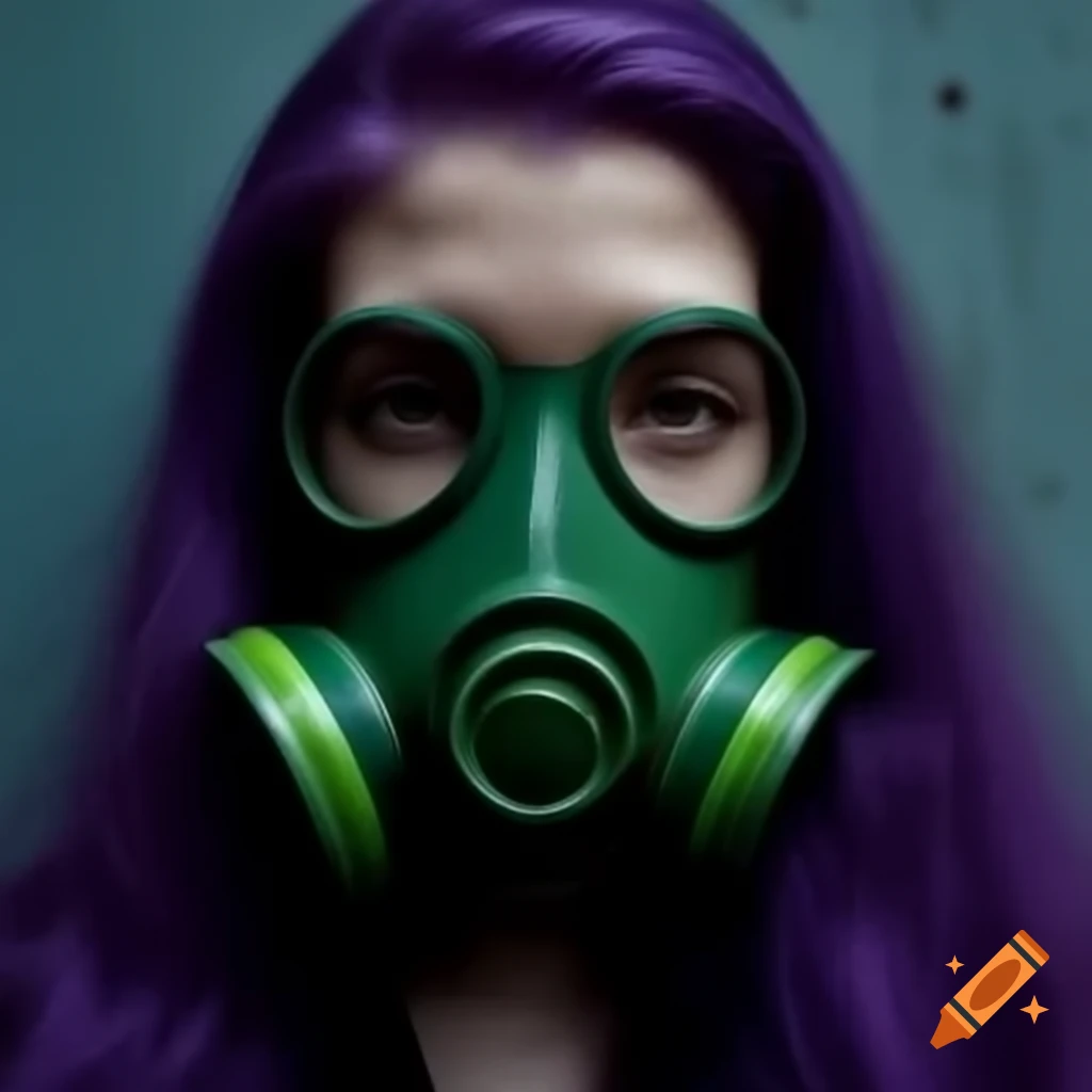 Model with purple long hair wearing dark green vintage gas mask