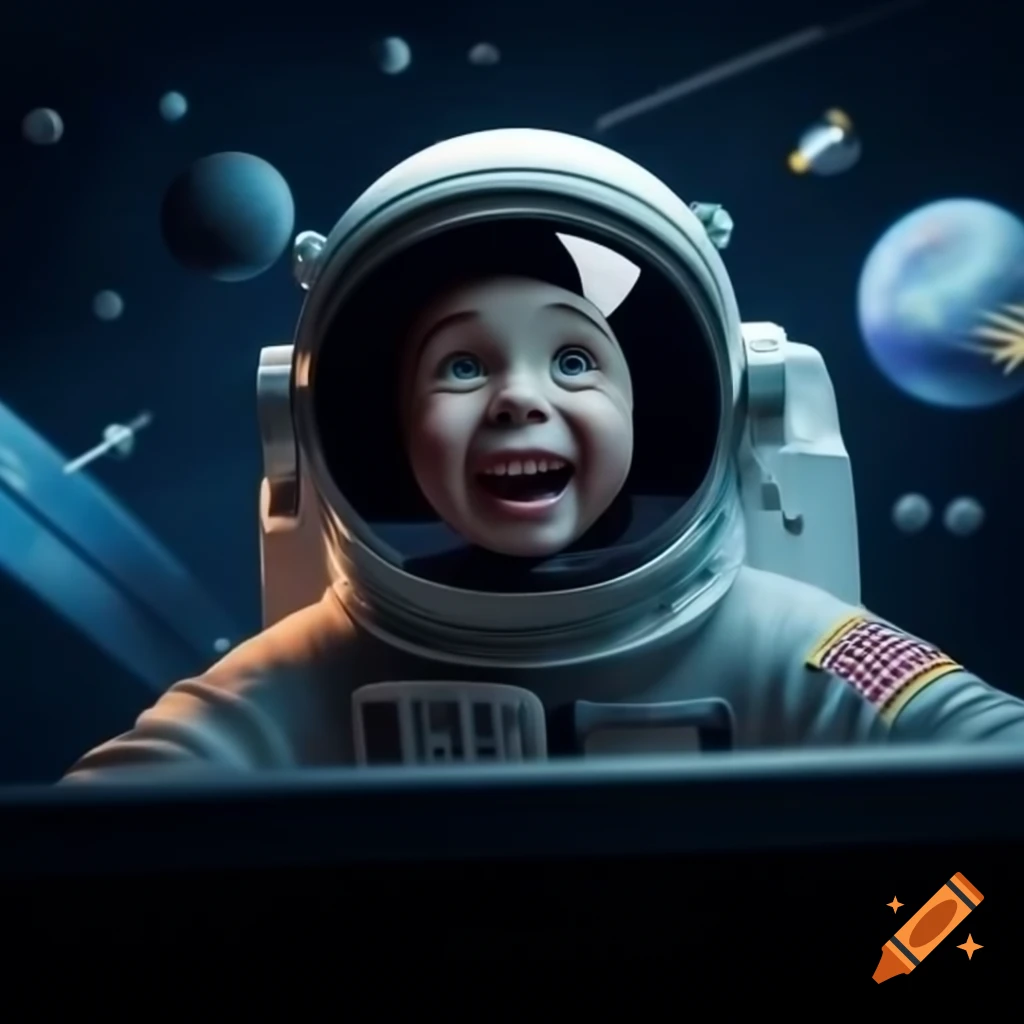 Excited astronaut gazing at space with computer screen displaying Space Arena