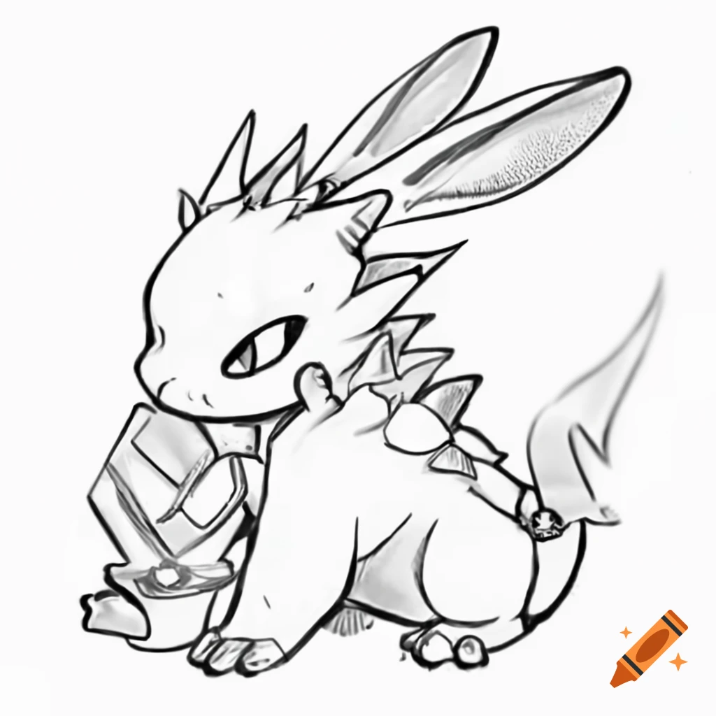 Black and white sketch of half kobold half rabbit creature with crystals