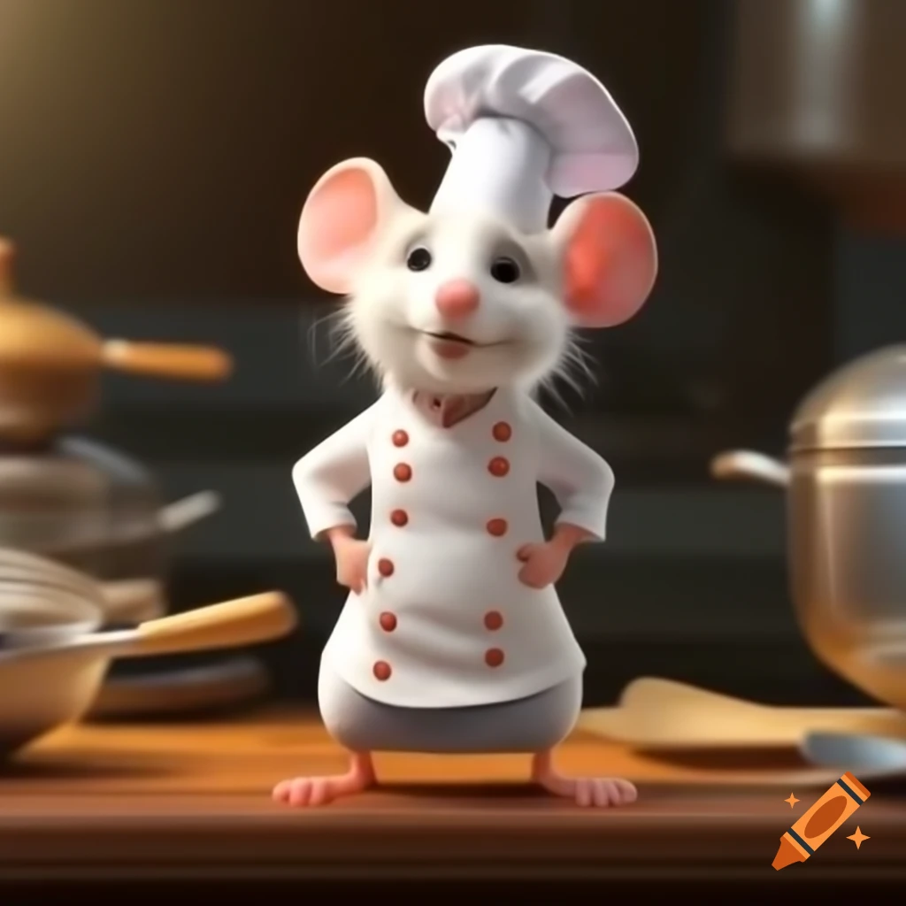 Animated white mouse in chef's clothes standing on a table on Craiyon