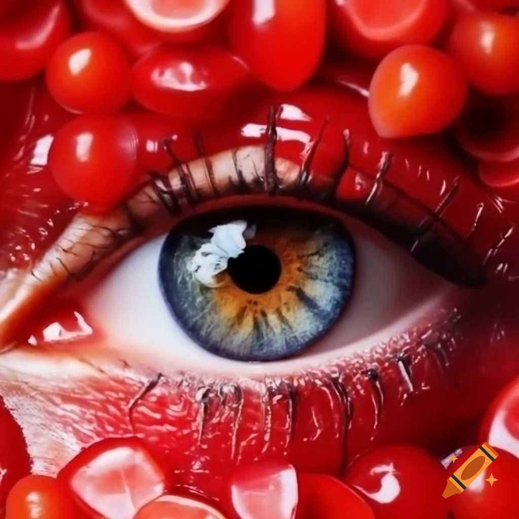 Close-up of vibrant eye decorated with red fruit coulis, culinary art