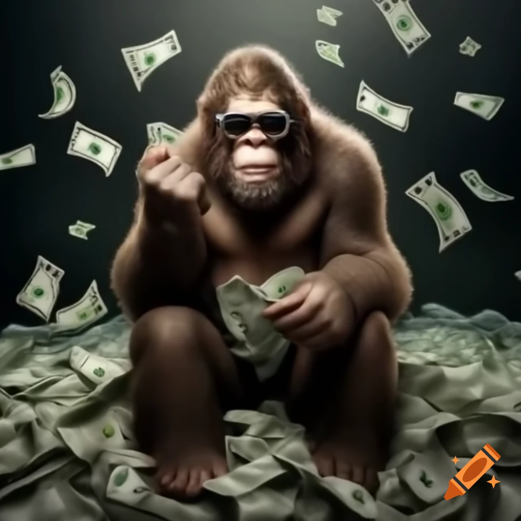Bigfoot sitting on cash pile, smiling with sunglasses as money rains down
