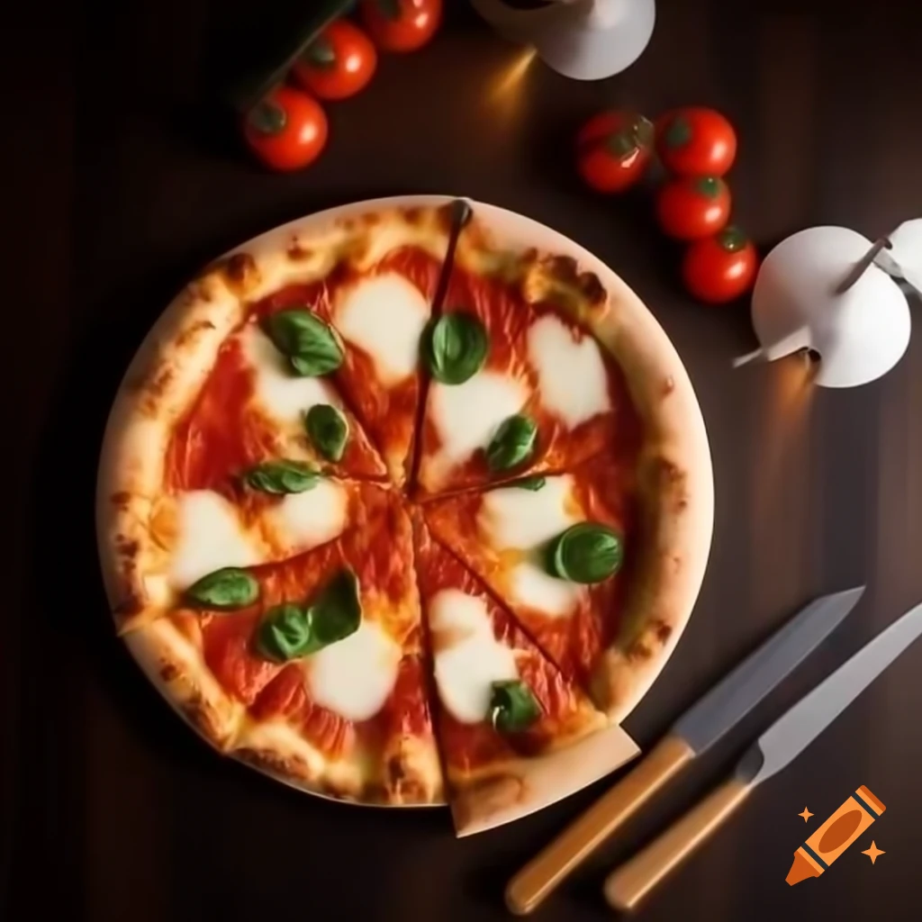 Artisanal pizza with golden crust and fresh toppings on a sleek surface
