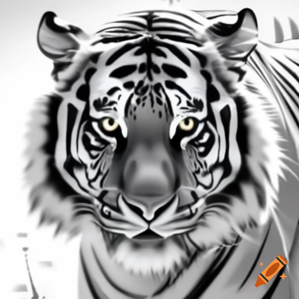 Detailed black and white illustration of a roaring tiger