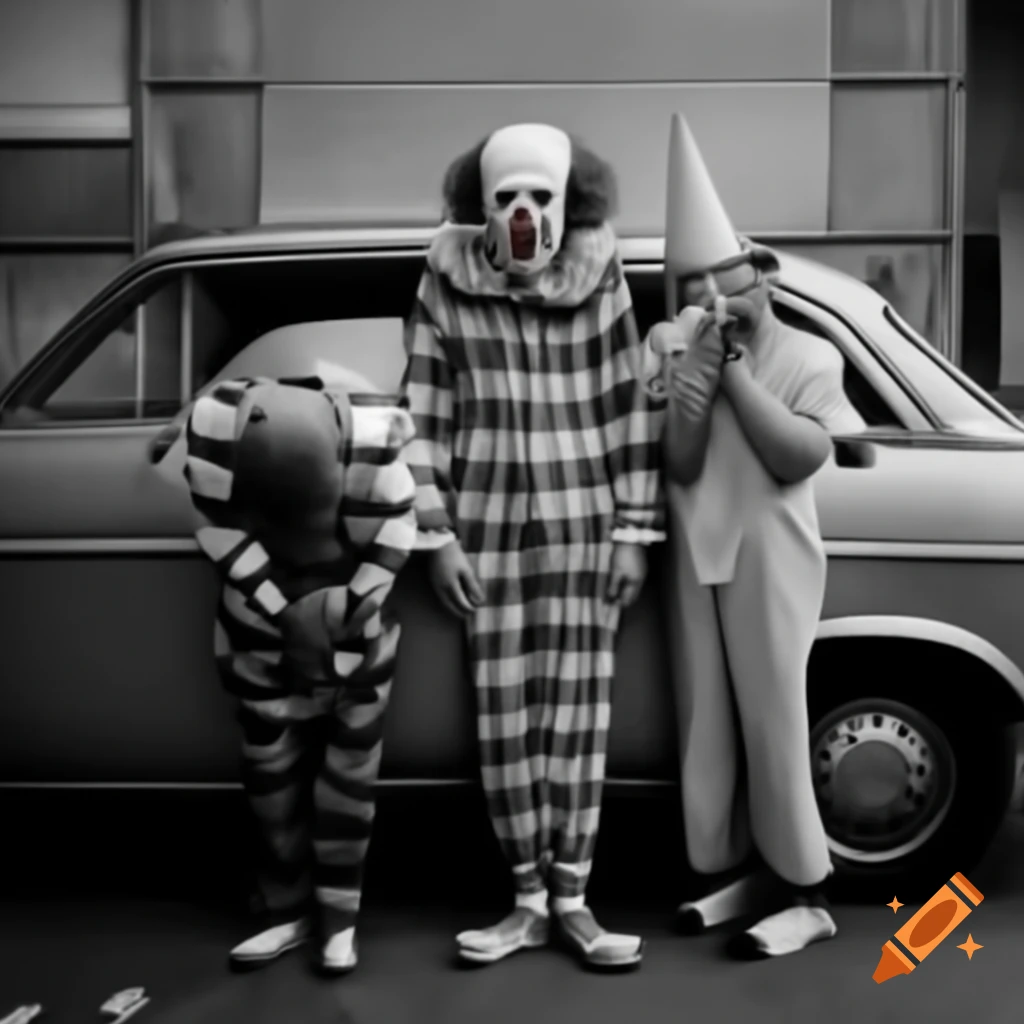 Clowns exiting small car, merging into one person in straightjacket beside another clown