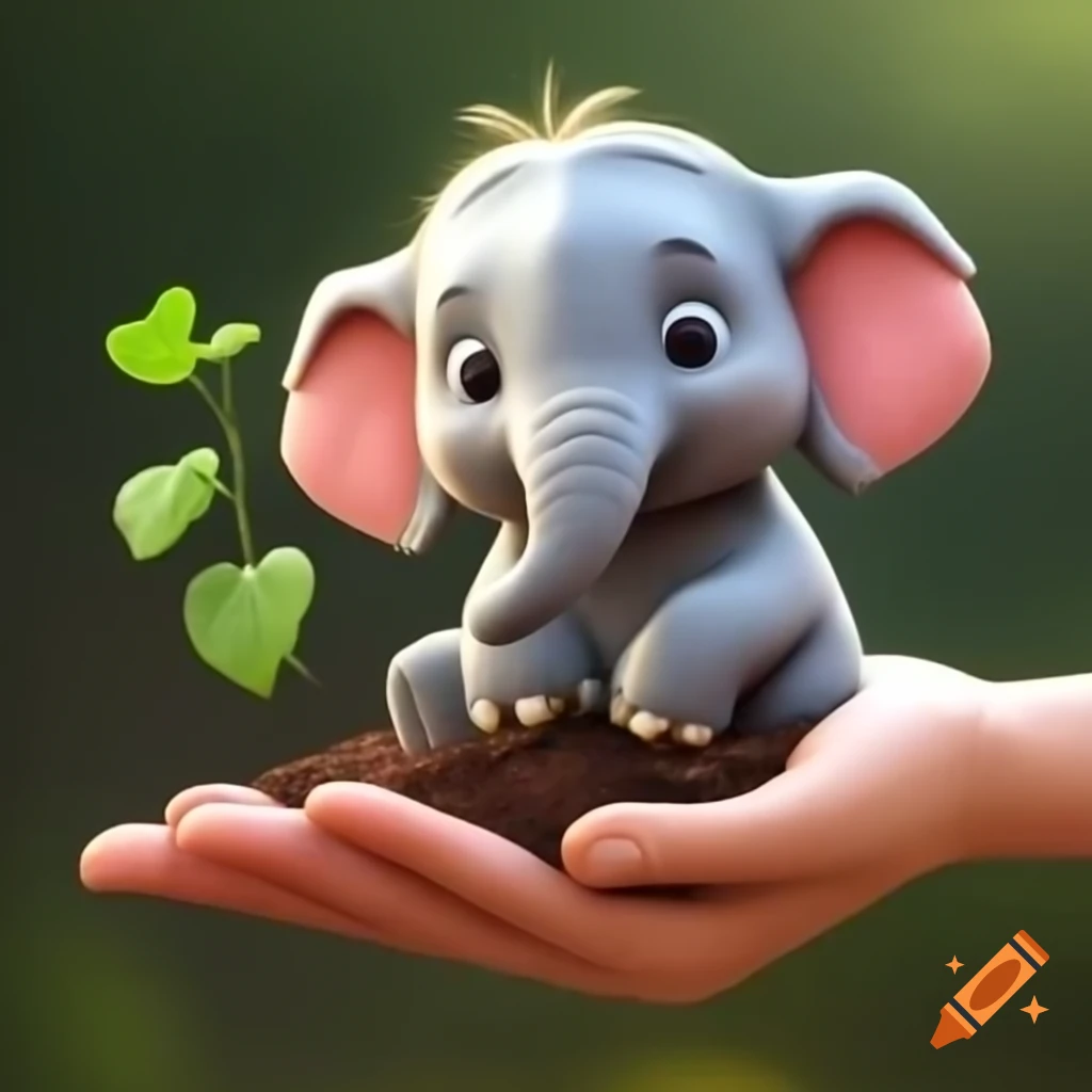 Cute elephant in hand holding compost