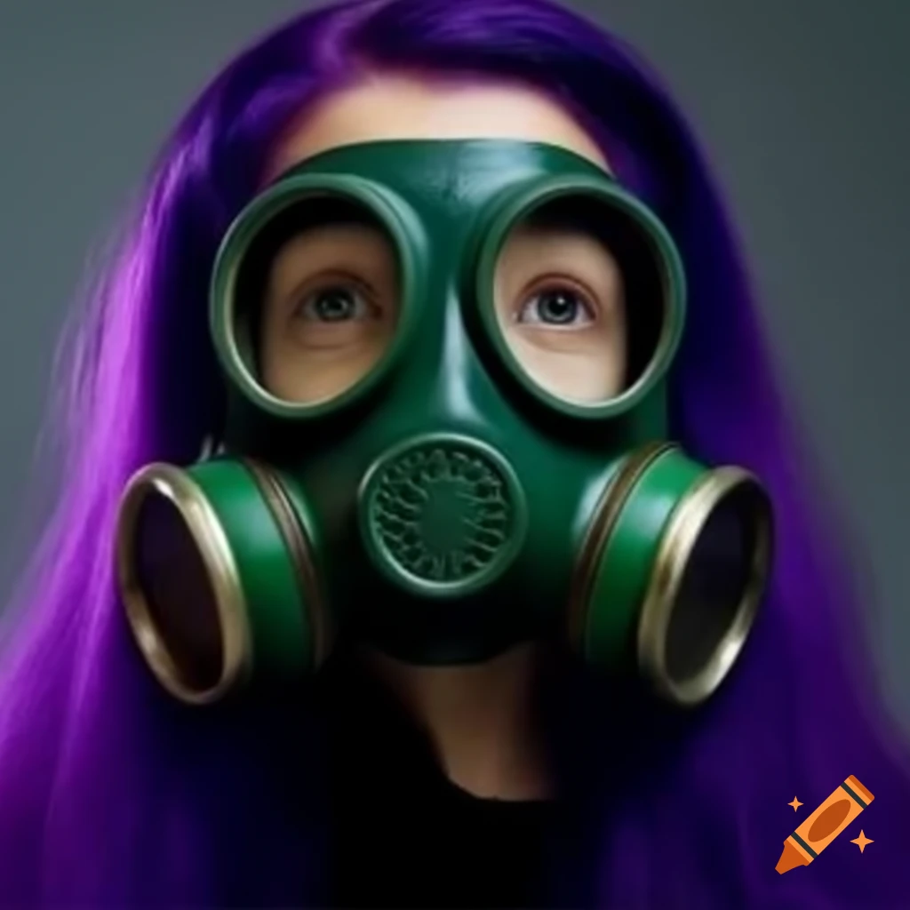 Model with purple long hair wearing dark green vintage gas mask