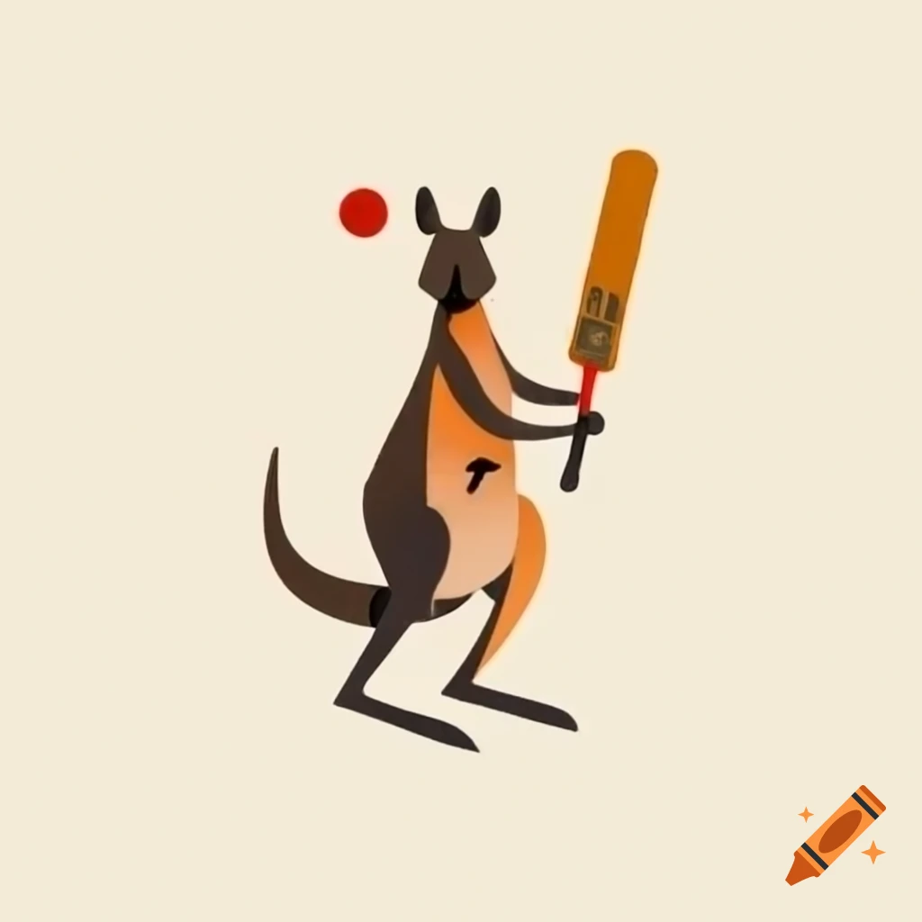 Kangaroo standing upright with cricket bat in Scopa card style, serious expression