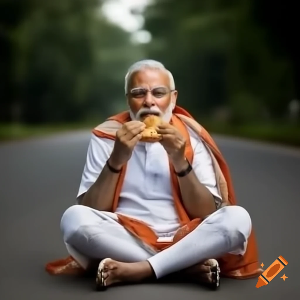 Person eating samosa while sitting on the road