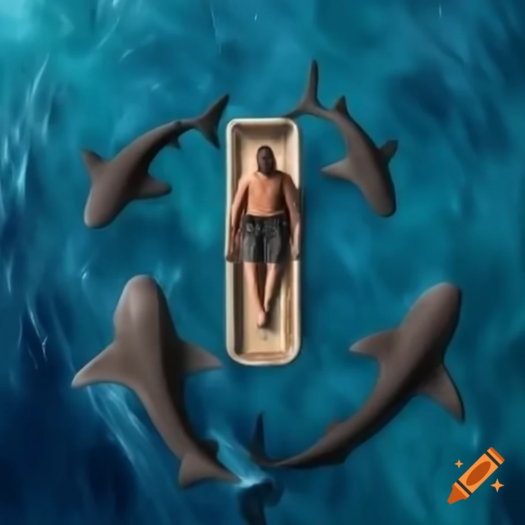 Man stranded on raft surrounded by sharks in the ocean on Craiyon