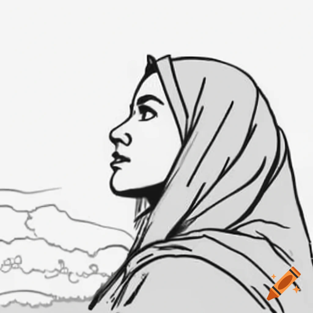 Line sketch of Muslim woman in profile gazing at the sky