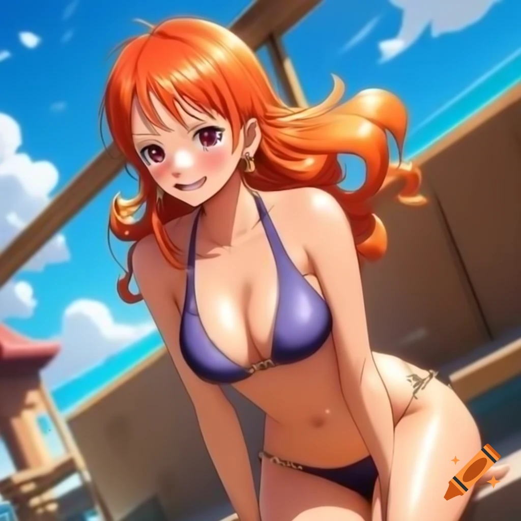 Nami from One Piece sunbathing in stylish swimsuit on sunny day