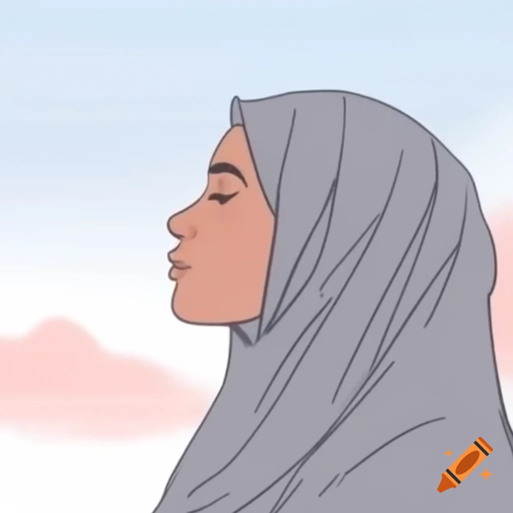 Line sketch of Muslim woman in profile gazing at the sky