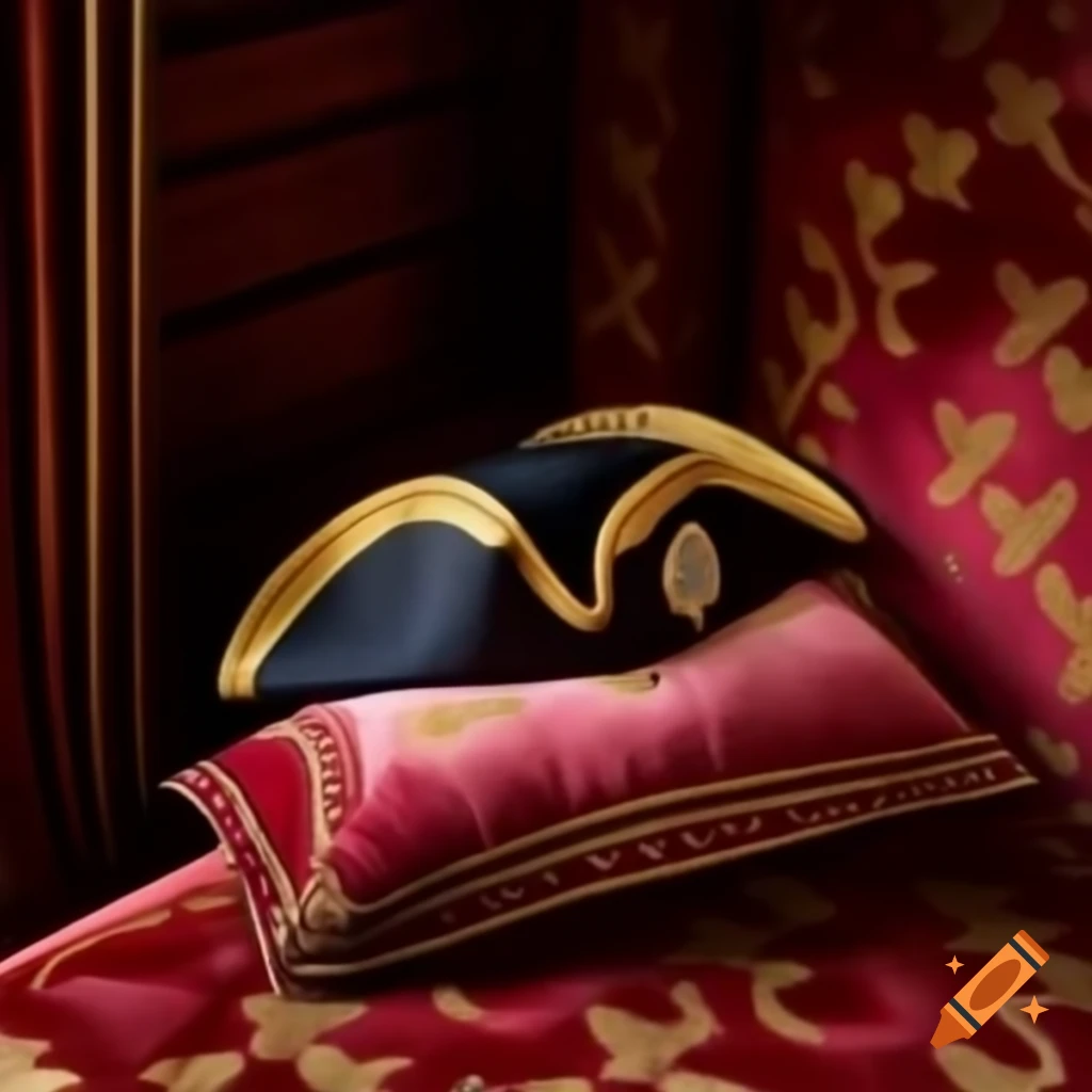 Napoleon's bicorne hat on plush velvet bed highlighting historical luxury