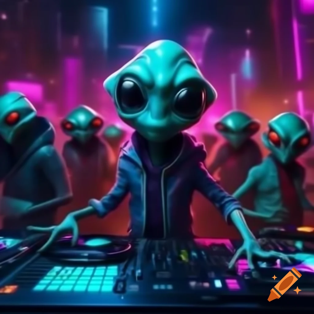 Cyberpunk party poster featuring friendly aliens dancing in a club with DJ