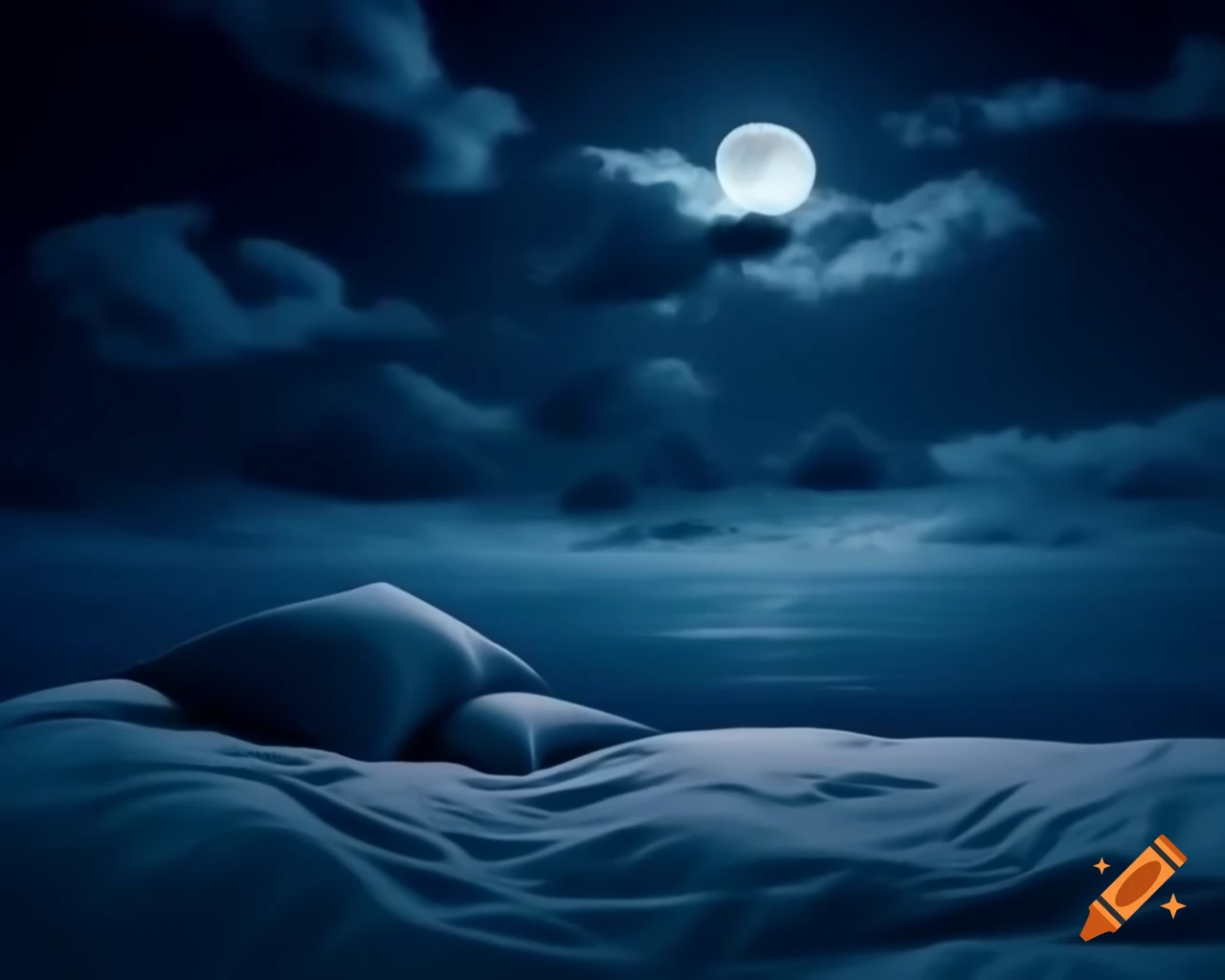 Wide landscape at evening with moon and pillows symbolizing good sleep