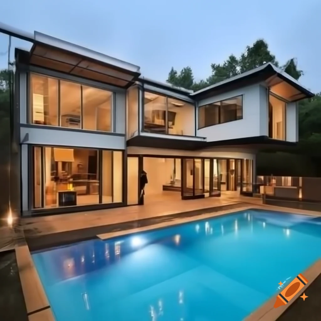 Modern dream house featuring large electronic workshop and expansive garden pool